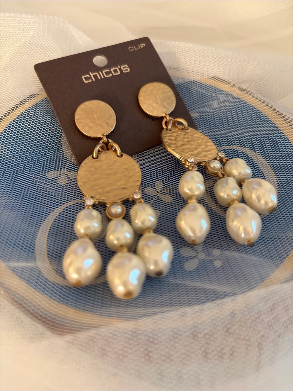 Chico's Gold and Pearl Cluster Drop Clip-On Earrings